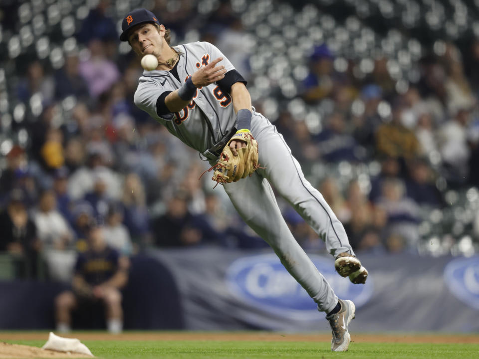 Detroit Tigers third baseman Nick Maton throws out Milwaukee Brewers' Blake Perkins during the seventh inning of a baseball game Monday, April 24, 2023, in Milwaukee. (AP Photo/Jeffrey Phelps)