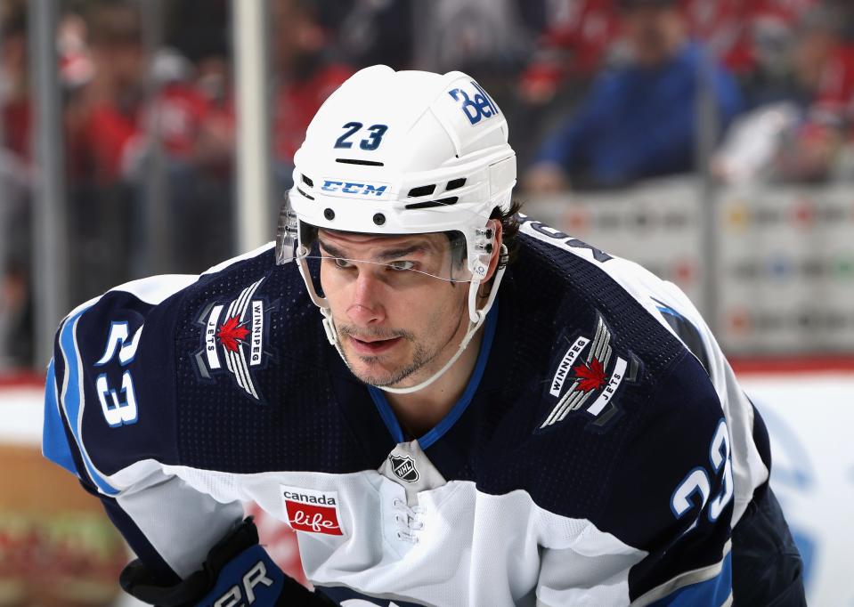 NEWARK, NEW JERSEY - MARCH 21: Sean Monahan #23 of the Winnipeg Jets skates against the New Jersey Devils at Prudential Center on March 21, 2024 in Newark, New Jersey. (Photo by Bruce Bennett/Getty Images)