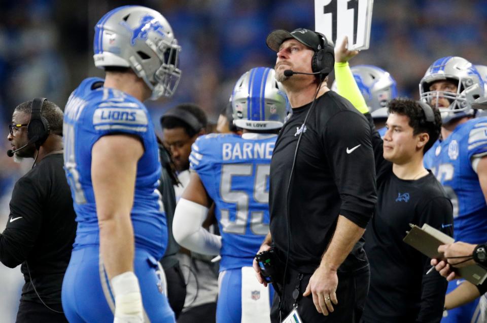 Detroit Lions head coach Dan Campbell watches from the sidelines during the third quarter of the wild-card round of the NFC playoffs against the L.A. Rams at Ford Field in Detroit on Sunday, Jan. 14, 2024.