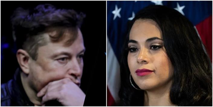 A composite image showing Elon Musk, left, cupping his chin, against a dark background, and Mayra Flores, right, against a background of the US flag.