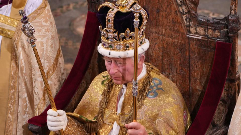 LONDON, ENGLAND - MAY 06: King Charles III after being crowned with St Edward's Crown by The Archbishop of Canterbury the Most Reverend Justin Welby during his coronation ceremony in Westminster Abbey on May 6, 2023 in London, England. The Coronation of Charles III and his wife, Camilla, as King and Queen of the United Kingdom of Great Britain and Northern Ireland, and the other Commonwealth realms takes place at Westminster Abbey today. Charles acceded to the throne on 8 September 2022, upon the death of his mother, Elizabeth II.