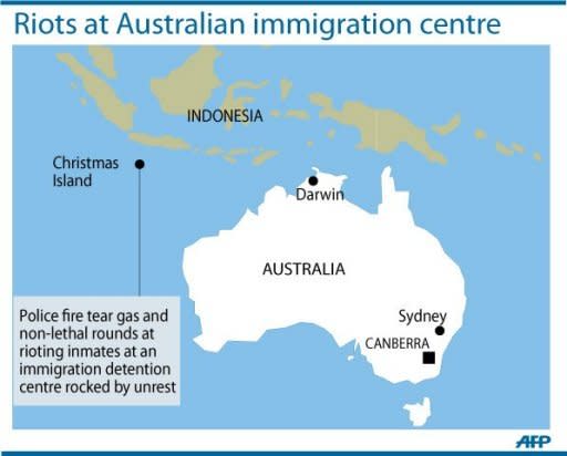 Protesting inmates at Australia's Christmas Island immigration centre have buried themselves in shallow graves in a symbolic gesture, advocates said Friday, as riots erupted for a third night