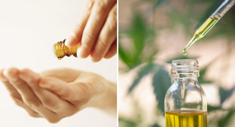 Essential oil shown being tipped into hand and dripped into container after Queensland Health warning.