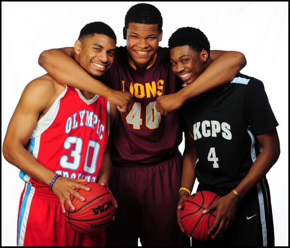 (L-R) After the 2011-12 high school basketball season, Olympic’s Allerik Freeman, West Charlotte’s Kennedy Meeks and Kennedy Charter’s Donte’ Clark were named to the All-Observer boys basketball team. Freeman (N.C. State) and Clark (Texas Southern) will play in the 2018 NCAA Tournament this week. Meeks was a key part of North Carolina’s 2017 national championship team