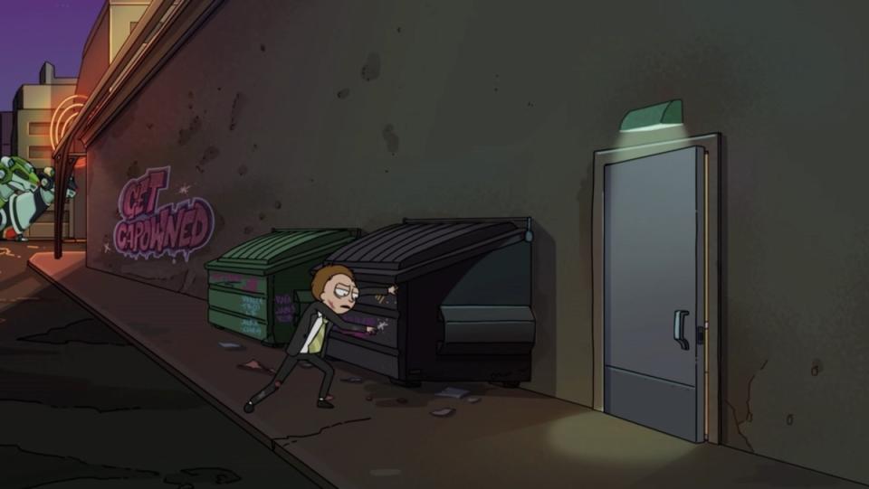 Morty stumbles near a dumpster outside the back door of a nightclub, near a wall with graffiti, on Rick and Morty