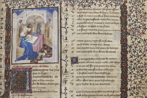 <span class="caption">a drawing of the Italian poet and court writer Christine de Pizan writing.</span> <span class="attribution"><a class="link " href="https://gallica.bnf.fr/ark:/12148/btv1b8449047c/f9.item.zoom#" rel="nofollow noopener" target="_blank" data-ylk="slk:BNF Archives;elm:context_link;itc:0;sec:content-canvas">BNF Archives</a>, <a class="link " href="http://creativecommons.org/licenses/by-sa/4.0/" rel="nofollow noopener" target="_blank" data-ylk="slk:CC BY-SA;elm:context_link;itc:0;sec:content-canvas">CC BY-SA</a></span>
