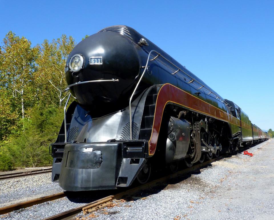 The massive locomotive built by the railroad’s shops in Roanoke develops 5,100 horsepower, enough to exceed 100 miles per hour with a loaded passenger train.