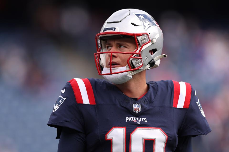 FOXBOROUGH, MASSACHUSETTS - OCTOBER 22: New England Patriots Mac Jones #10 looks on before the game against the Buffalo Bills at Gillette Stadium on October 22, 2023 in Foxborough, Massachusetts. (Photo by Maddie Meyer/Getty Images)