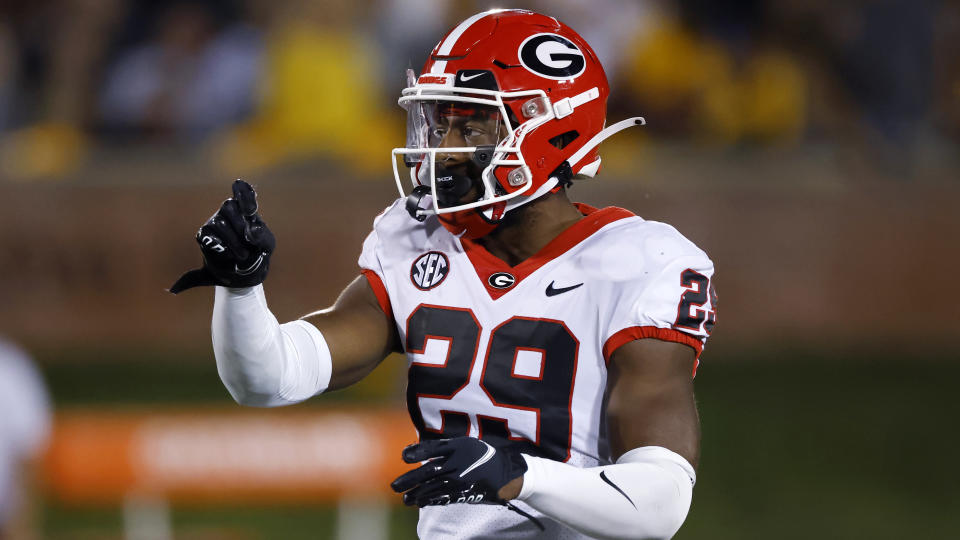 FILE -Georgia defensive back Christopher Smith gestures during an NCAA college football game on Saturday, Oct. 1, 2022, in Columbia, Mo. Christopher Smith was selected to The Associated Press All-America team released Monday, Dec. 12, 2022. (AP Photo/Colin E. Braley, File)