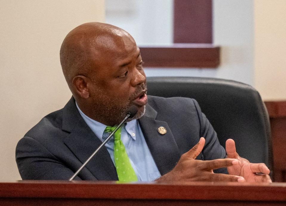 State Rep. Chris England, D-Tuscaloosa, speaks during a meeting of the Permanent Legislative Reapportionment Committee at the Alabama Statehouse on July 17, 2023.