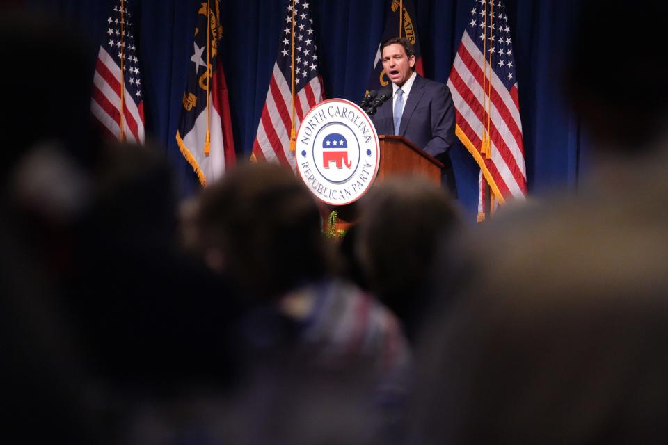 Hundreds gathered to hear Governor Ron DeSantis speak at the North Carolina Republican Party 2023 State Convention on Friday, June 9. The event came on the heels of another indictment of former President Donald Trump.Mandatory Credit: Megan Smith-USA TODAY ORG XMIT: USAT-713029 (Via OlyDrop)