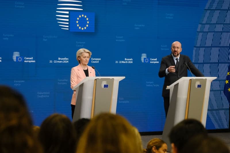 European Commission President Ursula von der Leyen (L) and President of the European Council Charles Michel speak during a press conference after the EU summit in Brussels. Alexandros Michailidis/European Council/dpa