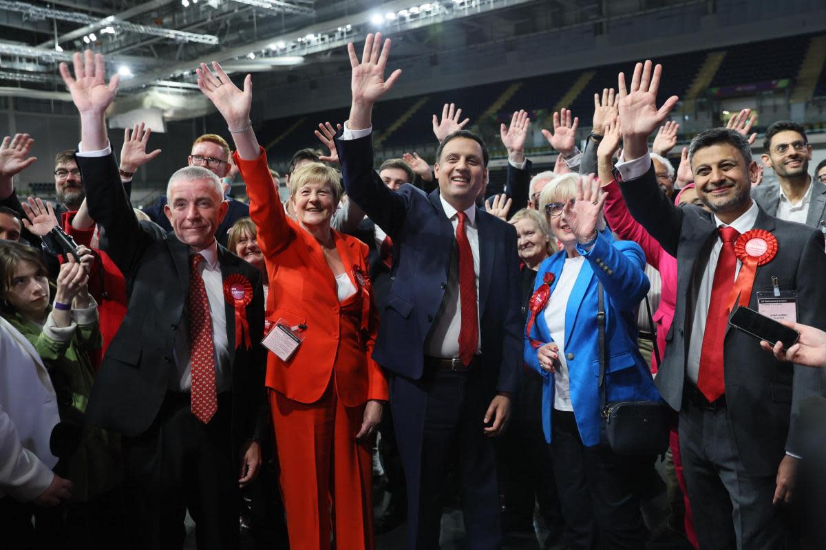 UK parliament general election 2024 vote count at the Emirates Arena, Glasgow. Anas Sarwar, leader of Scottish Labour with candidates. From left- John Grady, Maureen Burke, Patricia Ferguson and Zubir Ahmed  Photograph by Colin Mearns <i>(Image: Colin Mearns)</i>