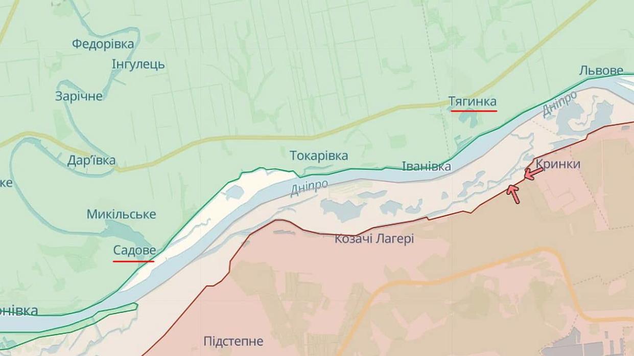 Settlements of Tiahynka and Sadove, marked in red. Screenshot: Deepstate Map