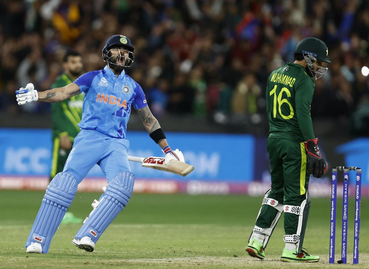 Virat Kohli of India celebrates after the final run is scored during the ICC Men's T20 World Cup match between India and Pakistan in October 2022. <a href="https://www.gettyimages.com/detail/news-photo/virat-kohli-of-india-celebrates-after-the-final-run-is-news-photo/1435855948?adppopup=true" rel="nofollow noopener" target="_blank" data-ylk="slk:Darrian Traynor/ICC via Getty Images;elm:context_link;itc:0;sec:content-canvas" class="link ">Darrian Traynor/ICC via Getty Images</a>