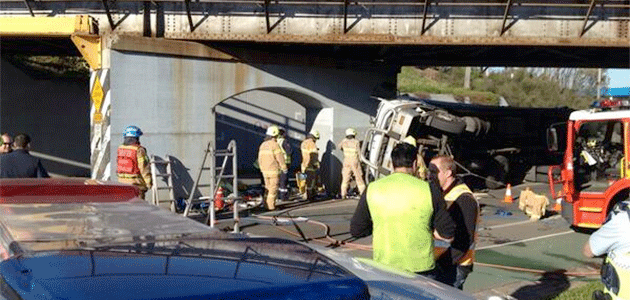 Truck hits bridge and rolls over in Melbourne's west. Photo: Twitter @thechrismartin7