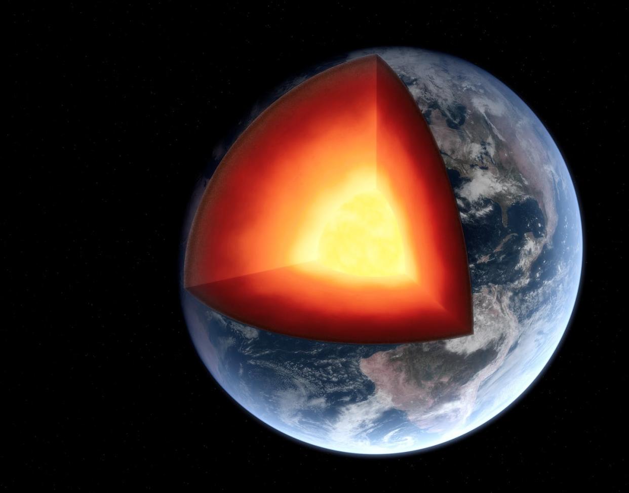 The slice you see cut out of the Earth reveals its core, depicted here in bright yellow. <a href="https://www.gettyimages.com/detail/photo/earth-section-royalty-free-image/174700926" rel="nofollow noopener" target="_blank" data-ylk="slk:fhm/E+ via Getty Images;elm:context_link;itc:0;sec:content-canvas" class="link ">fhm/E+ via Getty Images</a>