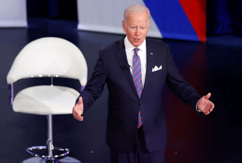 U.S. President Joe Biden participates in a town hall with CNN's Anderson Cooper in Baltimore