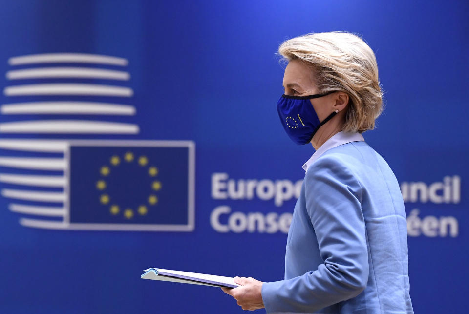 European Commission President Ursula von der Leyen attends a round table meeting at an EU summit in Brussels, Tuesday, May 25, 2021. European Union leaders gather for a second day of meetings to discuss the coronavirus pandemic and to assess new measures on how to meet targets to become climate-neutral by mid-century. (John Thys, Pool via AP)