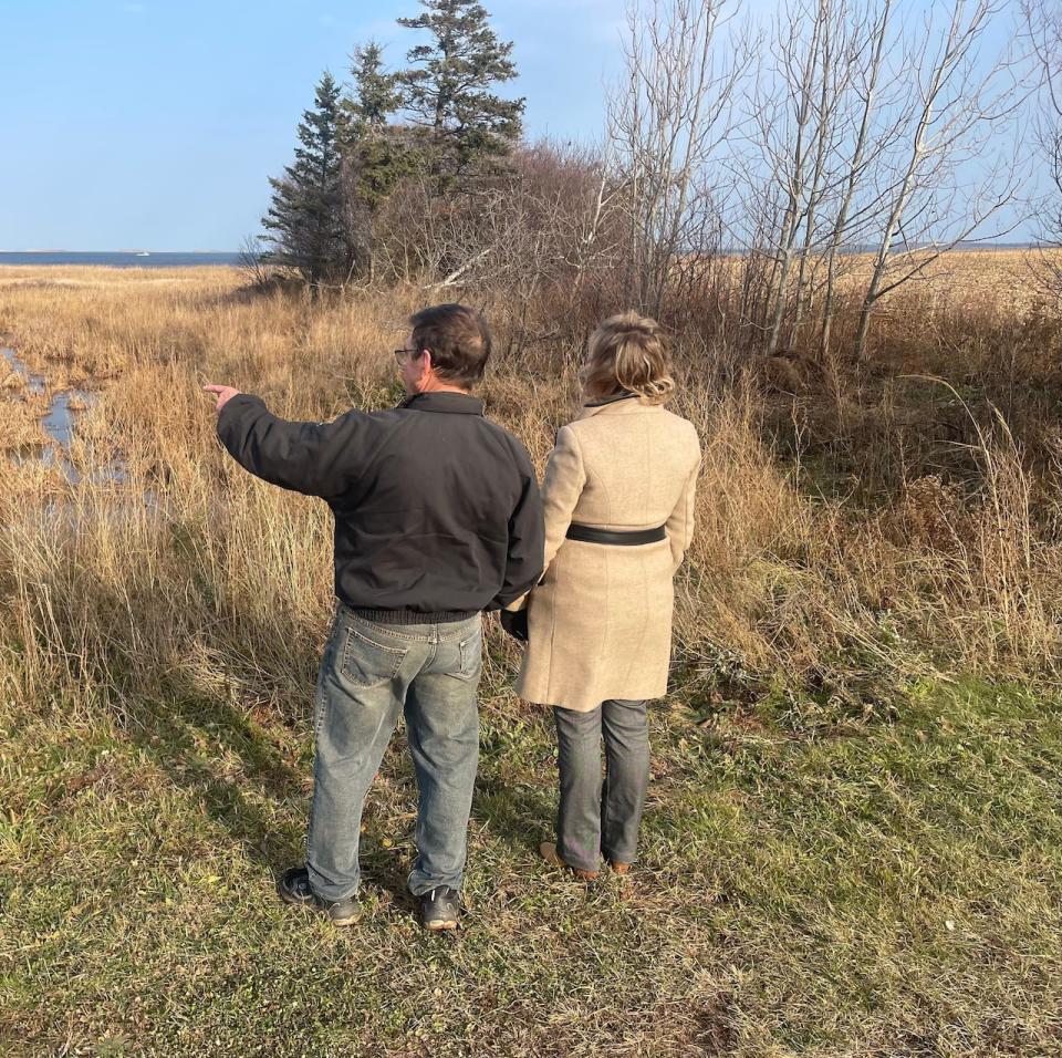 Stephanie Bonnell and her stepfather Wray Strong stand on the spot where the debris and buildings from the Hebrides landed in last fall.