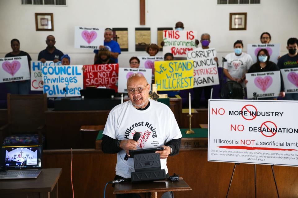 Lamont Taylor, vice president of the Hillcrest Neighborhood Association, speaks at a press conference at Brooks AME Worship Center in Corpus Christi, Texas, on Wednesday, Oct. 26, 2022. The Hillcrest Residents Association and Citizens Alliance for Fairness and Progress filed a civil rights complaint against the proposed Inner Harbor desalination facility in the historically Black Hillcrest neighborhood.