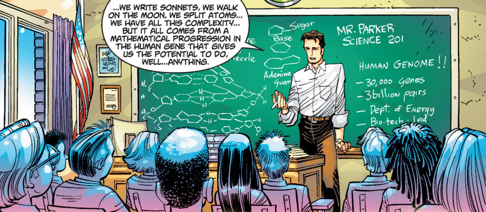An image from Amazing Spider-Man #32 shows Peter Parker teaching a class of students