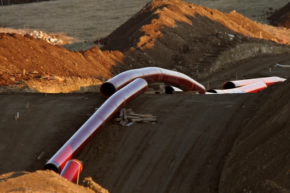 Sections of pipeline laid out for construction.