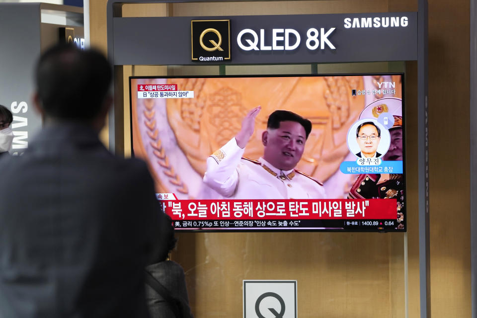 A TV screen showing a news program reporting about North Korea's missile launch with file footage of North Korean leader Kim Jong Un is seen at the Seoul Railway Station in Seoul, South Korea, Thursday, Nov. 3, 2022. North Korea continued its barrage of weapons tests on Thursday, firing at least three missiles including a suspected intercontinental ballistic missile that forced the Japanese government to issue evacuation alerts and temporarily halt trains. (AP Photo/Lee Jin-man)