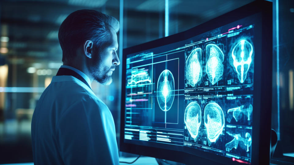 A radiologist in a lab examining a computed tomography scan of a patient.