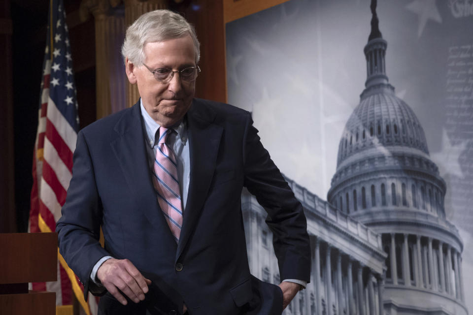 FILE - In this Oct. 6, 2018 file photo, Senate Majority Leader Mitch McConnell, R-Ky., finishes speaking to reporters at the Capitol in Washington. Parties and Christmas cookies only soothe so much in the chilly Capitol after two years of President Donald Trump’s provocations, dramas like Supreme Court Justice Brett Kavanaugh’s confirmation and the elections that flipped the House majority to Democrats. Everyone wants to go home, yet both chambers were scheduled to be in session next week over hefty matters, including the budget and criminal sentencing reform. (AP Photo/J. Scott Applewhite)