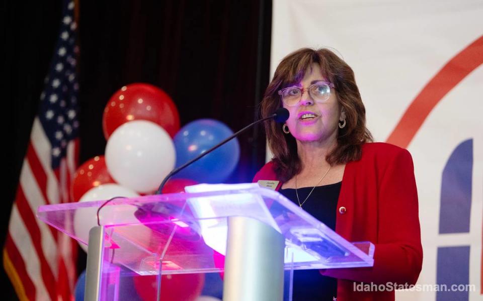 Dorothy Moon, chairwoman of the Idaho Republican Party, leads a watch party for Idaho Republican candidates at the Grove Hotel in Boise on Nov. 8, 2022. Moon opposed a bill to move the upcoming primary election from March to May. The Idaho GOP last week approved a plan to host a March caucus next year.