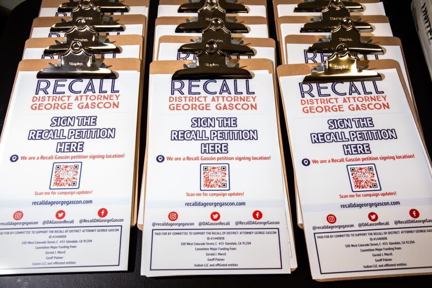 Los Angeles, CA - June 01: Clipboards holding petiton forms, on a table Inside a field office for the "Recall D.A. George Gascon," campaign, in Los Angeles, CA, Wednesday, June 1, 2022. Volunteers, along with some staff, help open and organize petitions being sent in supporting a recall of Los Angeles County District Attorney George Gascon. (Jay L. Clendenin / Los Angeles Times)