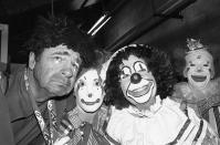 <p>Appearing as clowns for the charity-benefit opening of Ringling Brothers and Barnum & Bailey Circus in Los Angeles, July 17, 1975 is Walter Matthau, Lucy Saroyan, who is Matthau?s stepdaughter, and Mrs. George Allen, wife of the Washington Redskins? football coach. (AP Photo/Wally Fong) </p>