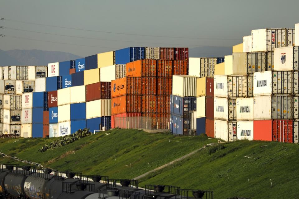 Containers are piled high in the container lot off Lomita Boulevard.