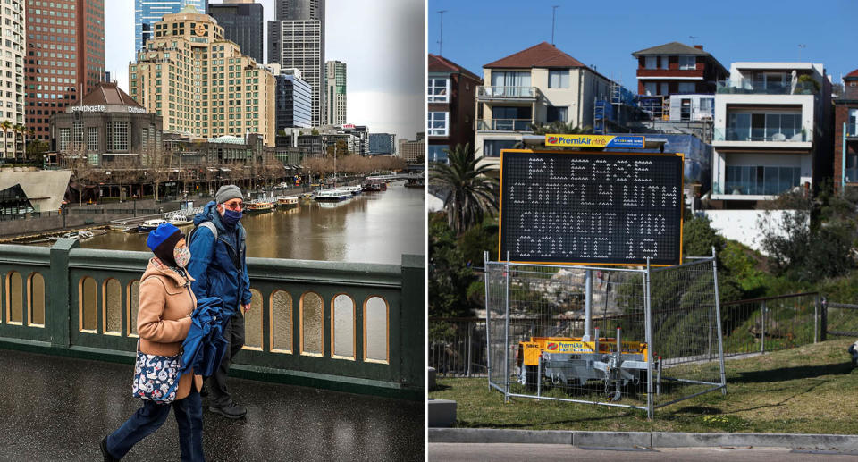Pedestrians wearing mask walk on a bridge crossing the Yarra River in Melbourne on July 16, 2021, after Australia's second largest city entered a fresh lockdown amid a resurgence in coronavirus cases. (Photo by ASANKA BRENDON RATNAYAKE / AFP) (Photo by ASANKA BRENDON RATNAYAKE/AFP via Getty Images)