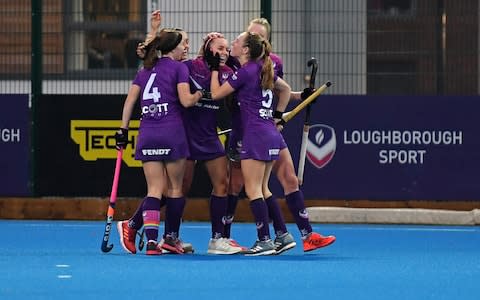 Vicki McCabe celebrates her goal with Loughborough team-mates - Credit: Peter Smith