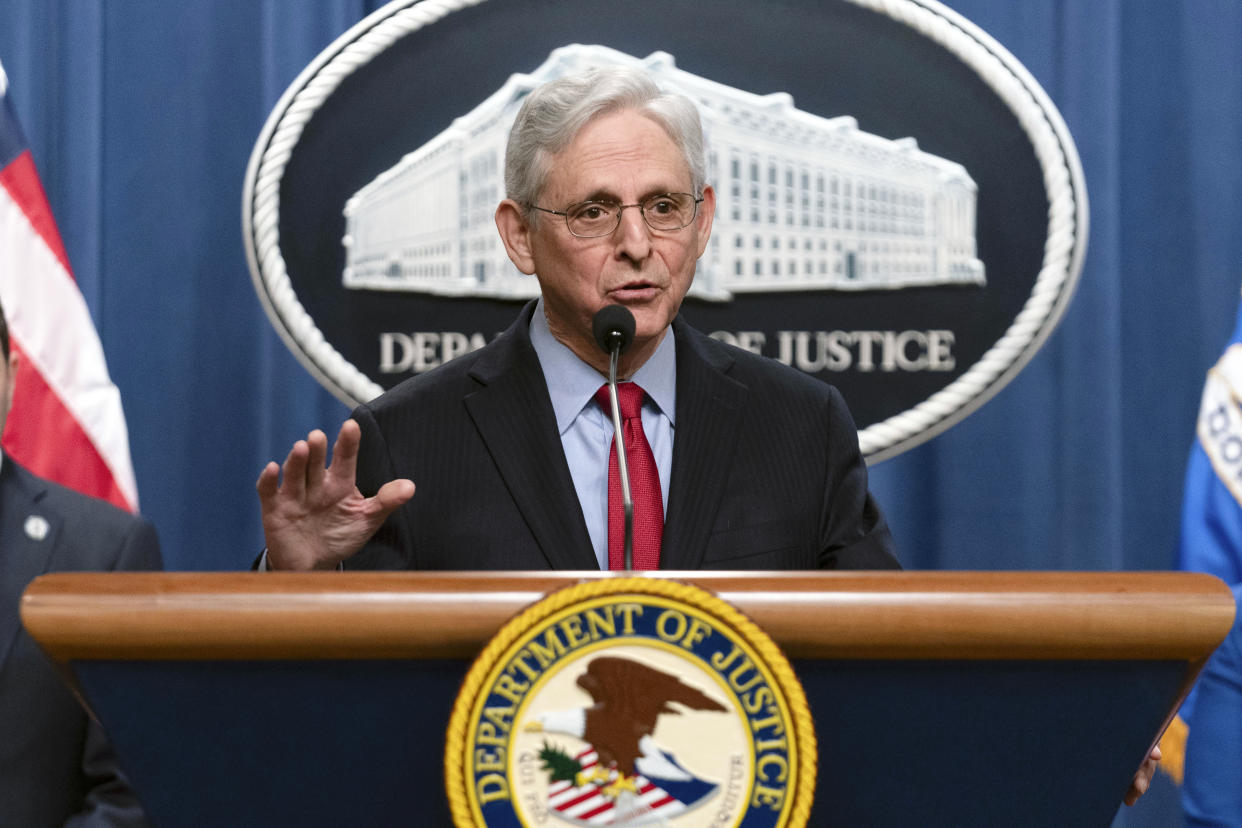 Attorney General Merrick Garland speaks during a news conference at Department of Justice headquarters in Washington, Thursday, March 21, 2024. The Justice Department on Thursday announced a sweeping antitrust lawsuit against Apple, accusing the tech giant of engineering an illegal monopoly in smartphones that boxes out competitors and stifles innovation. (AP Photo/Jose Luis Magana)