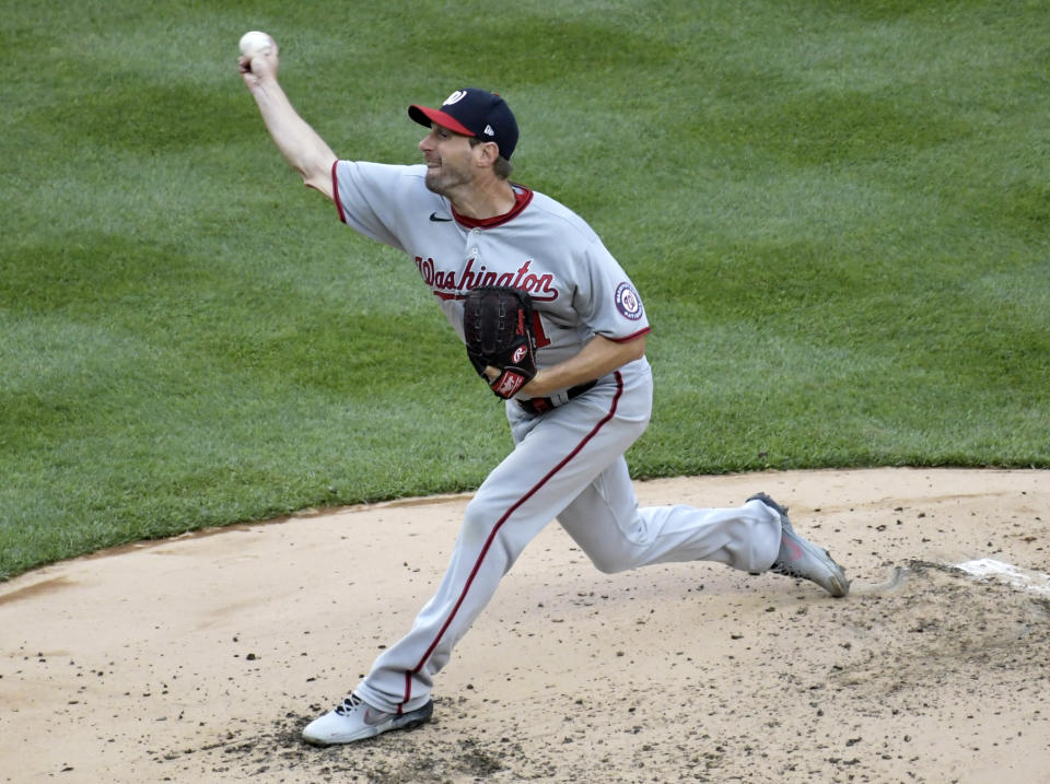 Washington Nationals starting pitcher Max Scherzer throws during the third inning of a baseball game against the New York Yankees, Saturday, May 8, 2021, at Yankee Stadium in New York. (AP Photo/Bill Kostroun)