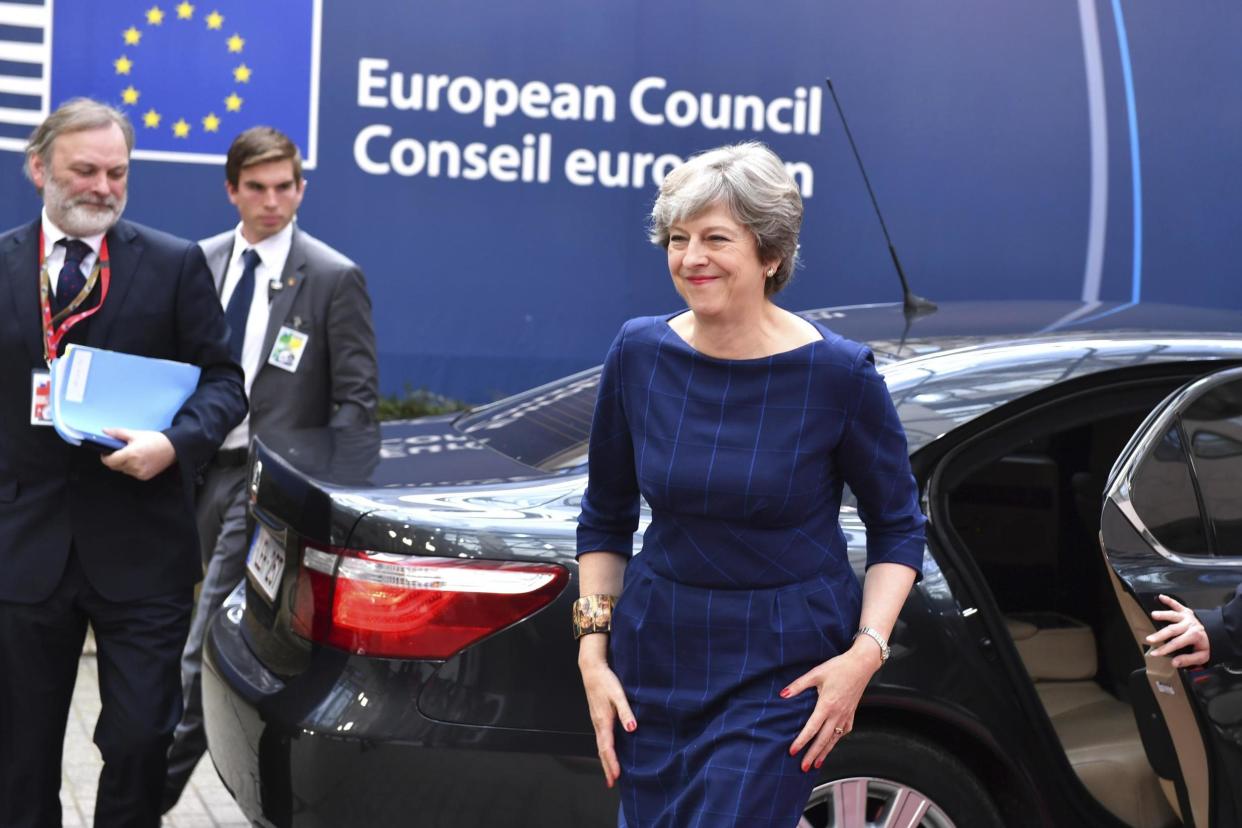 Crucial bid: Theresa May arrives in Brussels in an attempt to move on Brexit talks: AP