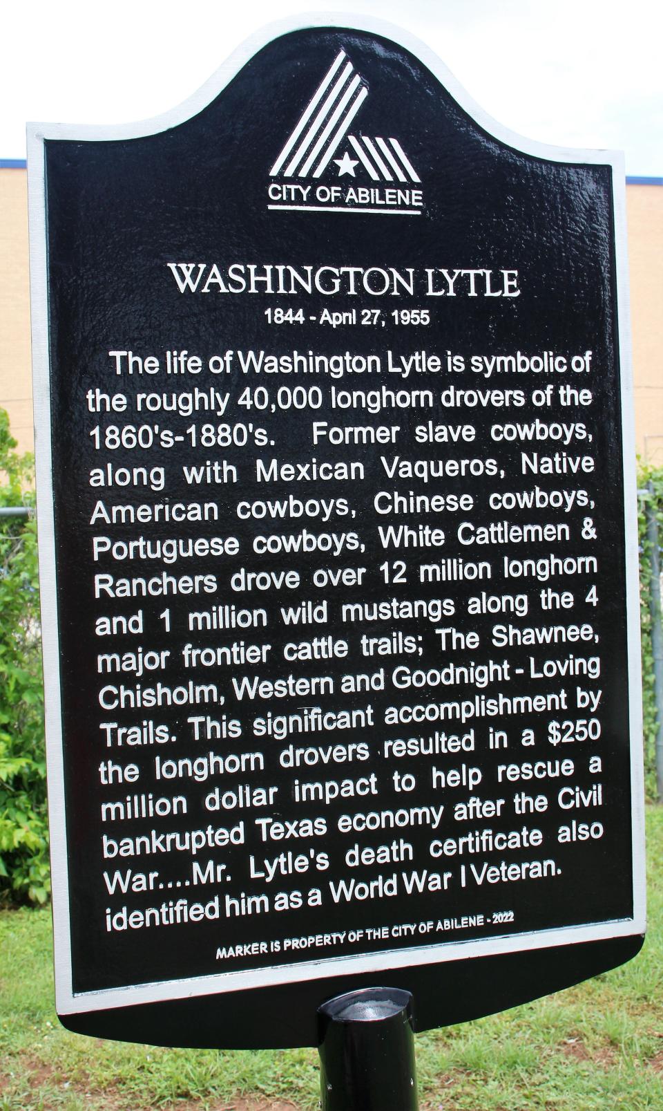 A city of Abilene historical marker has been placed at the grave of Wash Lytle, who is buried at Abilene Municipal Cemetery.