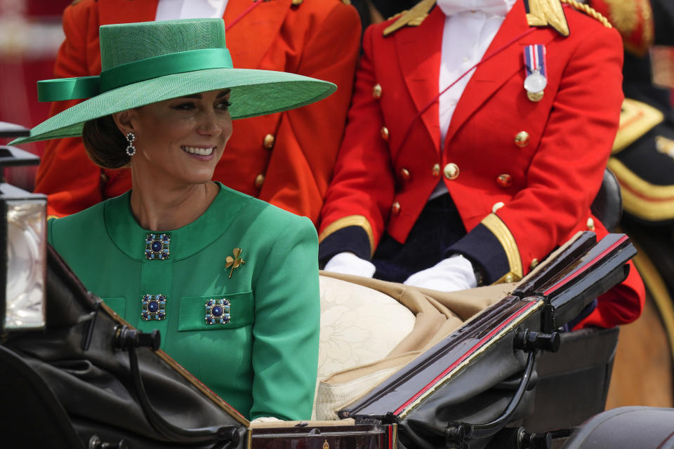 Kate, Princess of Wales, returns to Buckingham Palace after the Trooping The Colour parade, in London, Saturday, June 17, 2023. Trooping the Colour is the King's Birthday Parade and one of the nation's most impressive and iconic annual events attended by almost every member of the Royal Family.(AP Photo/Alastair Grant)