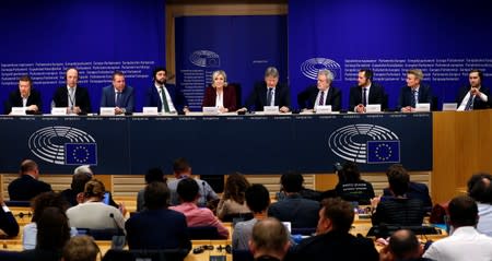 French far-right National Rally party leader Le Pen addresses a joint news conference at the EU Parliament in Brussels