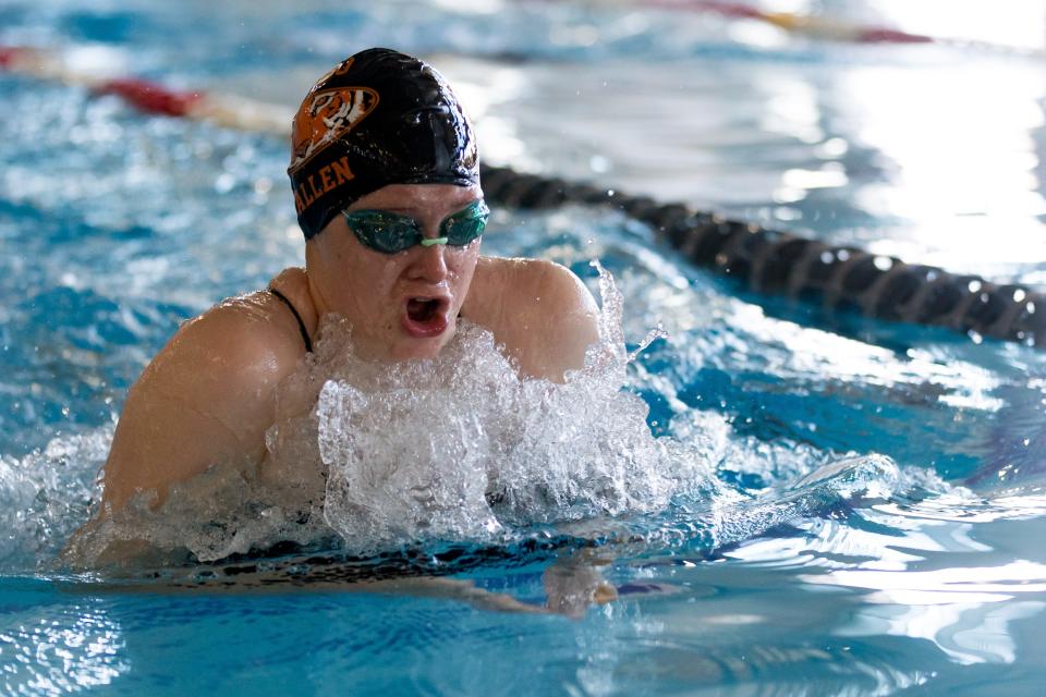 El Paso High's Sarah Wallen swims breaststroke in the girls 200-yard medley relay at the District 1-5A swim meet on Thursday, Jan. 25, 2024, at Westside Natatorium in West El Paso.