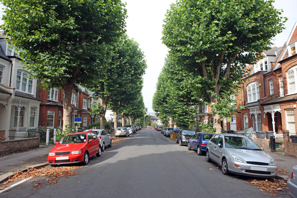 Tree lined UK street with cars parked on either side.