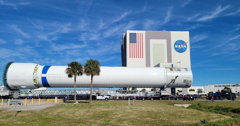 On Jan. 10, Blue Origin officials tweeted this photo showing the first stage of a New Glenn test vehicle moving from the Merritt Island factory to Launch Complex 36.