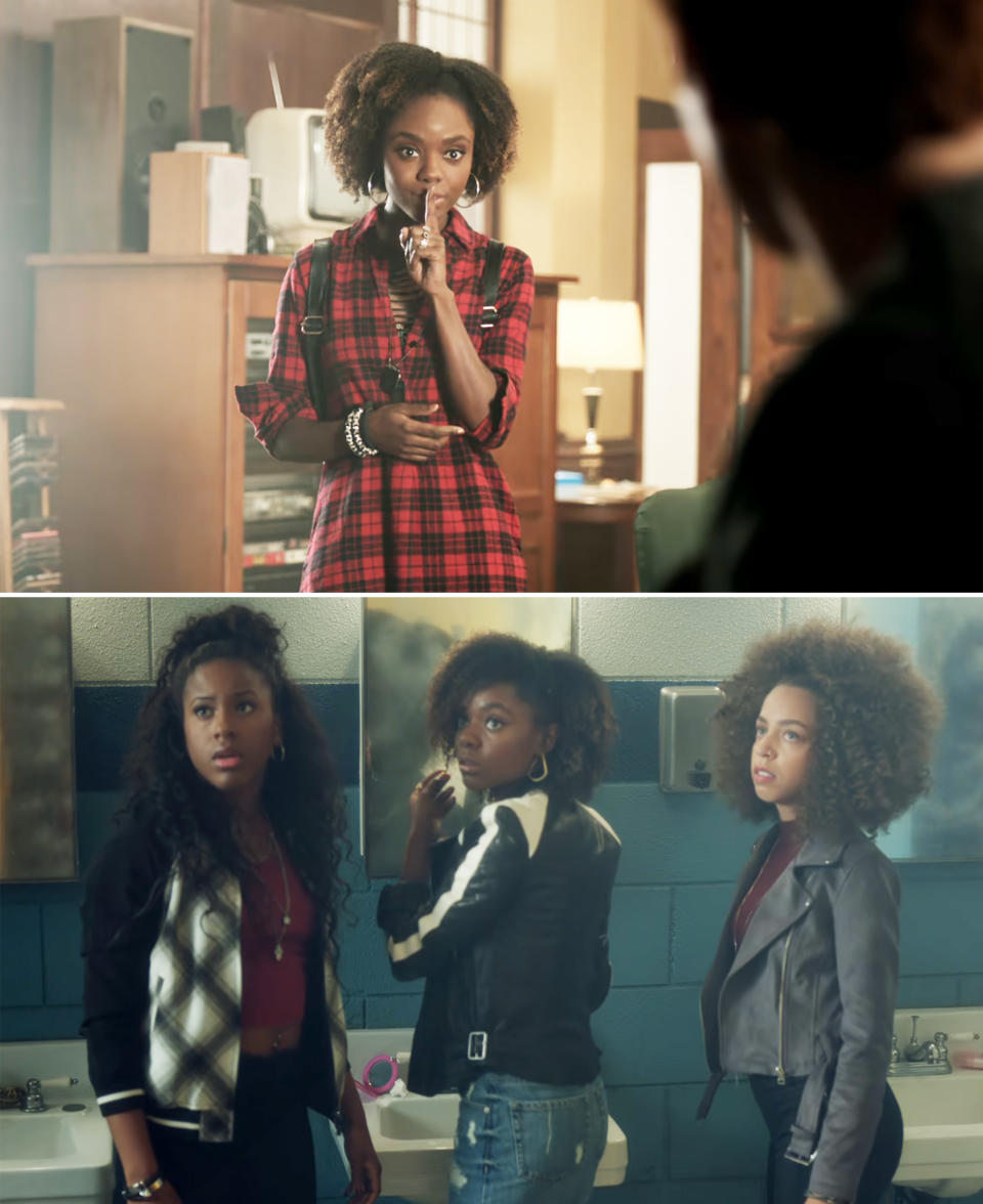 Two scenes from a TV show featuring three female characters in casual attire, one gesturing for silence, the others in a bathroom setting