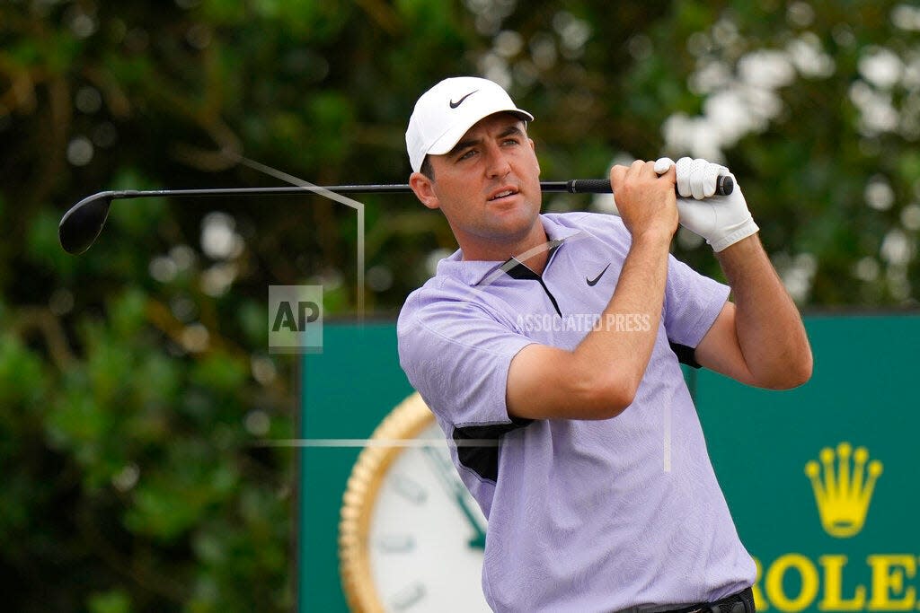 Scottie Scheffler of the US plays from the third tee during the final round of the British Open golf championship on the Old Course at St. Andrews, Scotland on July 17. Scheffler is the top seed in the battle for the FedEx Cup.