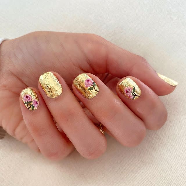 10) Gold Nail Foil and Floral Design