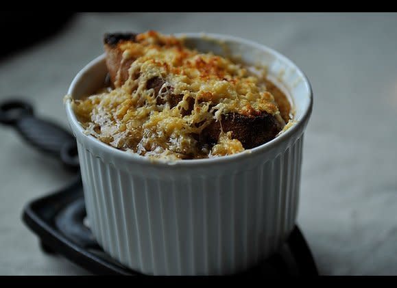 <a href="http://food52.com/recipes/3193-french-onion-soup">Get the recipe on Food52.</a>This is almost, but not quite, the traditional French onion soup that comes to mind. Take your time with the onions, and don't forget to put a piece of toast in the bottom of each bowl -- it makes for a lovely surprise. <em>Photo by Sarah Shatz</em>