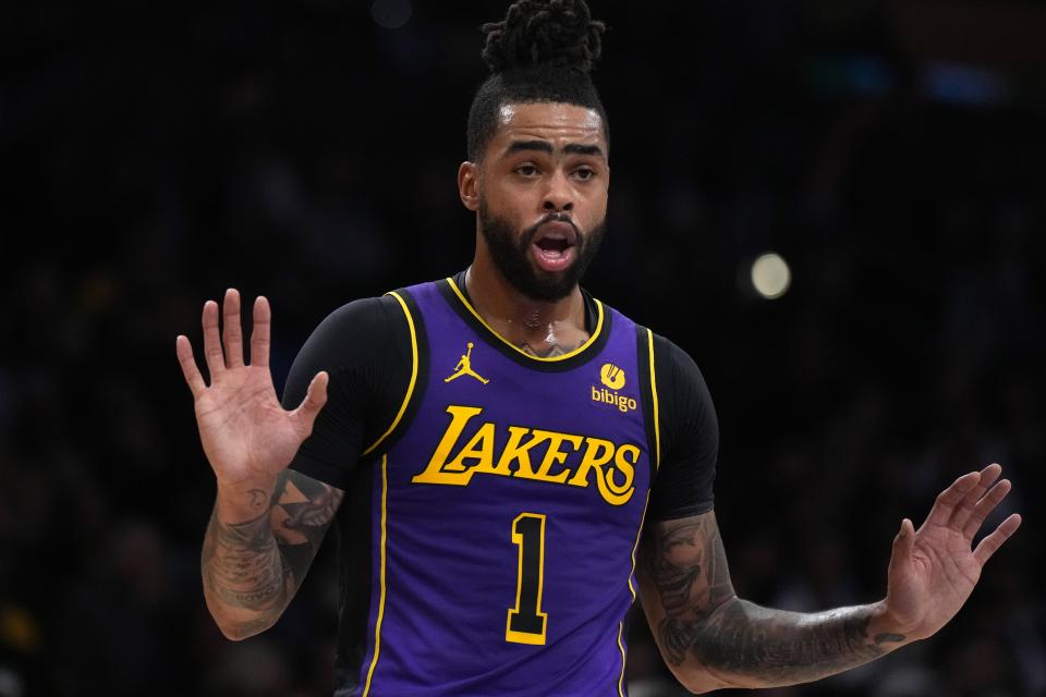 Los Angeles Lakers guard D'Angelo Russell reacts during a game against the Brooklyn Nets at Crypto.com Arena.